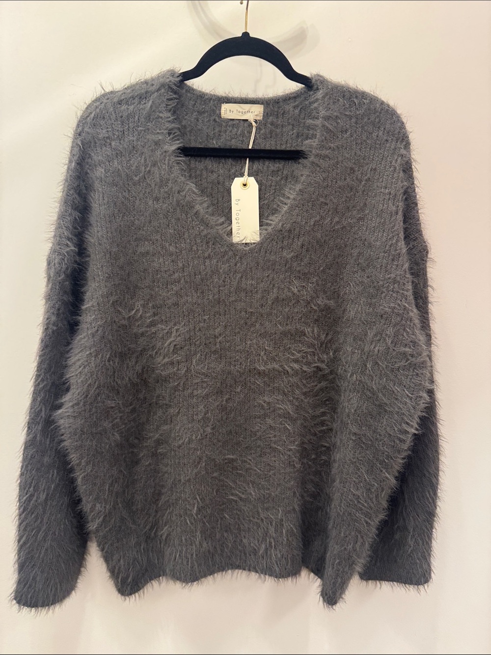 By Together Fuzzy V-Neck Sweater - Grey